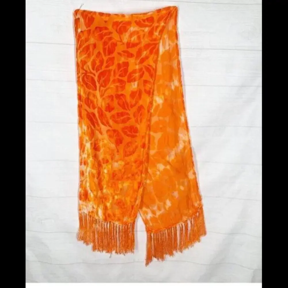 👠🥻Orange Long Scarf Hand Rolled Edges Burn Out Silk Blend Fringe 51 X 9